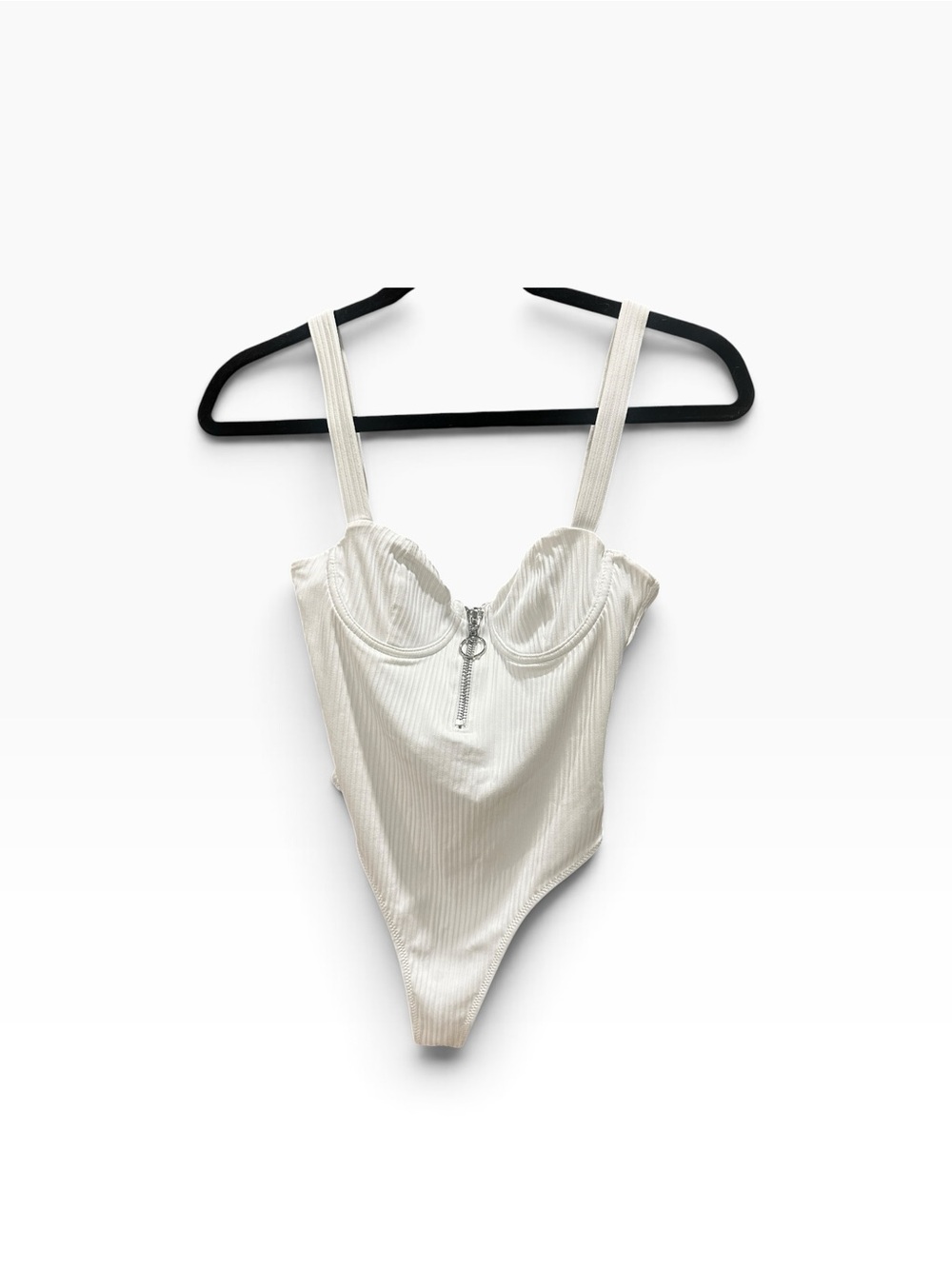 Jonathan Simkhai Cream Ribbed Zip-Front Underwire Bodysuit